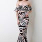 Printed Flutter Bardot Top with Mermaid Maxi Skirt Set