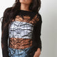 Semi-Sheer Shredded Knit Long Sleeve Top