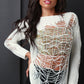 Semi-Sheer Shredded Knit Long Sleeve Top